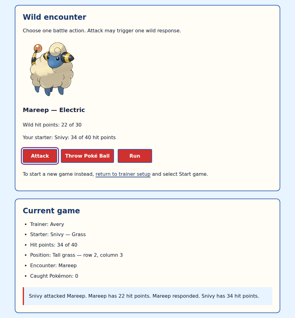 Sample battle after one Attack: Mareep has 22 of 30 hit points, Snivy has 34 of 40, the status reports both actions, and Attack retains focus.