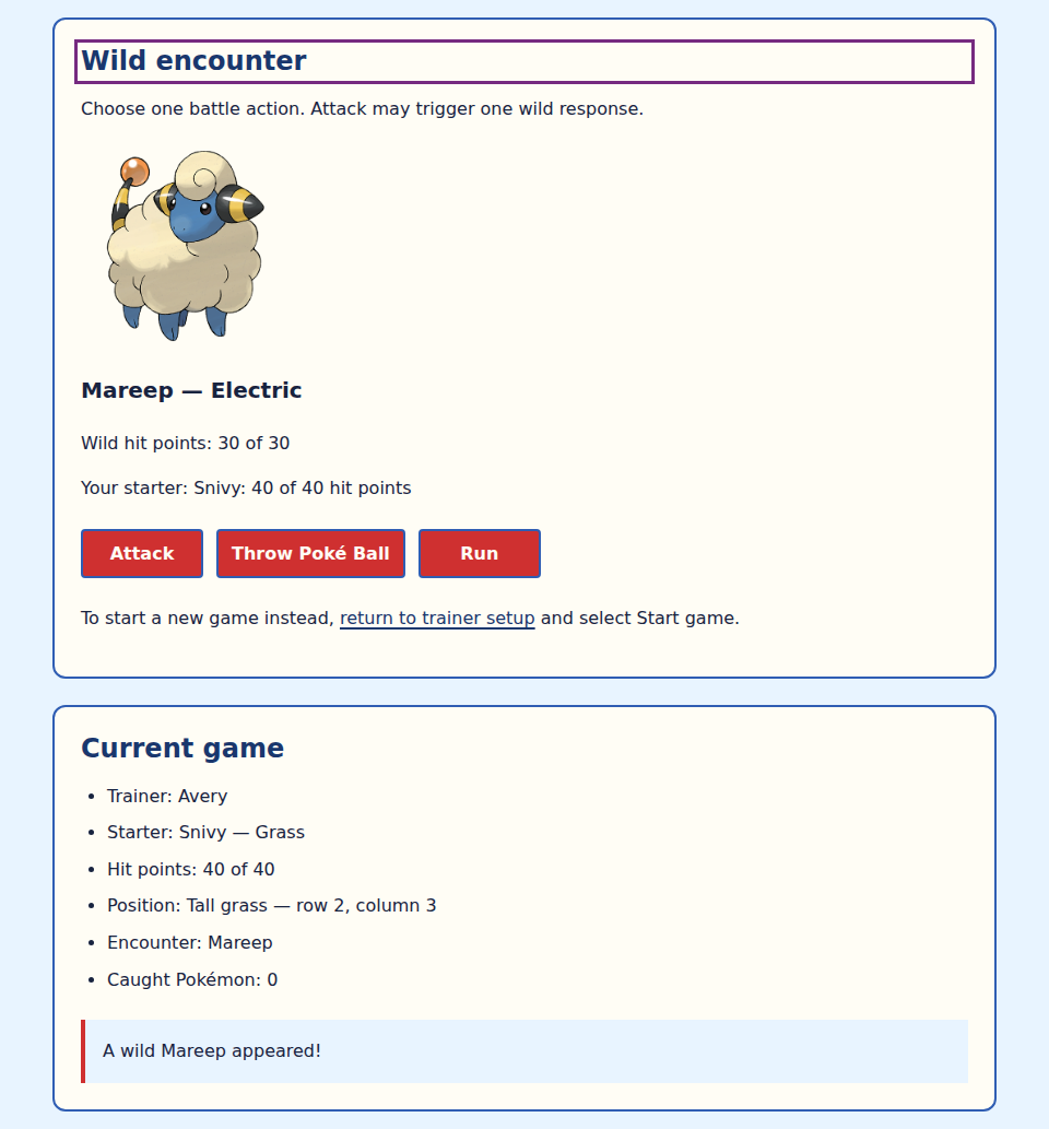 Sample battle view with Mareep at 30 of 30 hit points, Snivy at 40 of 40, three available actions, and focus on the battle heading.