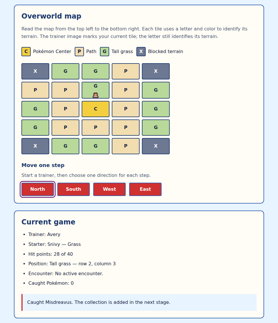 Sample game after capturing Misdreavus at the 12-hit-point threshold: the map and movement controls return, North has focus, and the status names the capture.