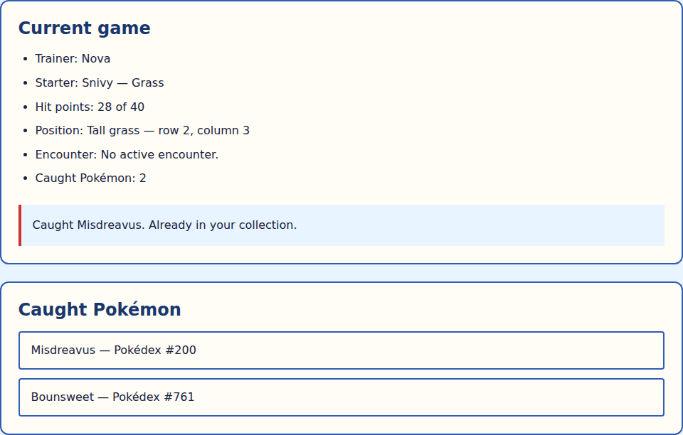 Sample game after Misdreavus, Bounsweet, and a second Misdreavus catch: two distinct list entries remain, the total is 2, and the status says Misdreavus is already in the collection.