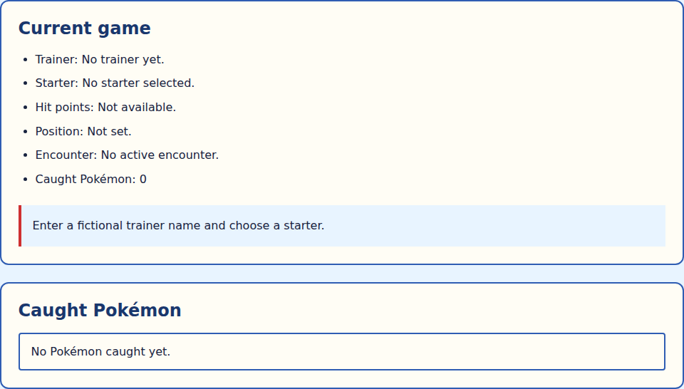Sample game before trainer setup: the Current game summary shows caught total 0, and the Caught Pokémon list contains one No Pokémon caught yet message.
