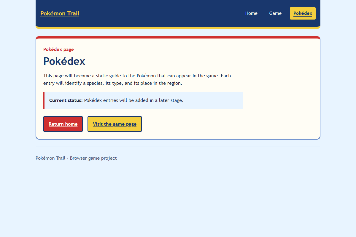 First-draft Pokédex placeholder page for Pokémon Trail. Pokédex is the current navigation link, shown with a yellow background, bold text, and a thicker underline. The main panel describes the future reference page.