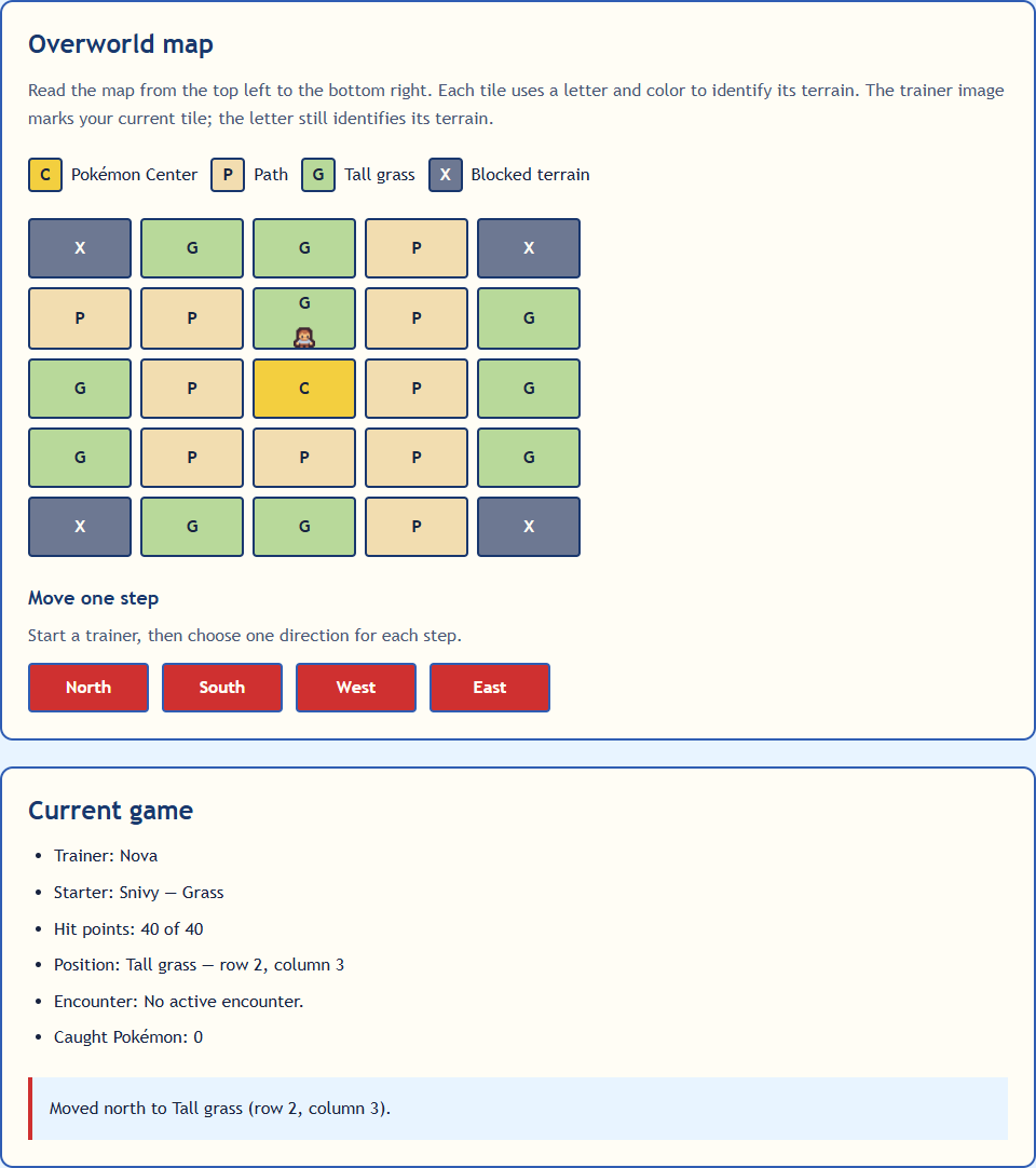 Sample game after one North move: the trainer is on tall grass at row 2, column 3, with direction buttons and matching position text.