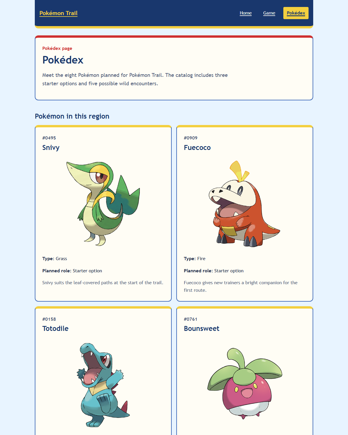 Responsive static Pokémon Trail Pokédex. The narrow view uses one entry column, while the wide view uses two aligned columns and keeps the same source order.