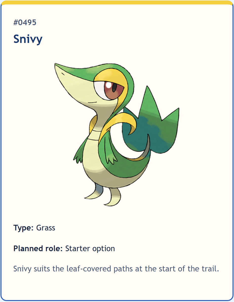 Completed Snivy Pokédex entry with its local image, National Pokédex number, name, Grass type, starter role, and original catalog note.