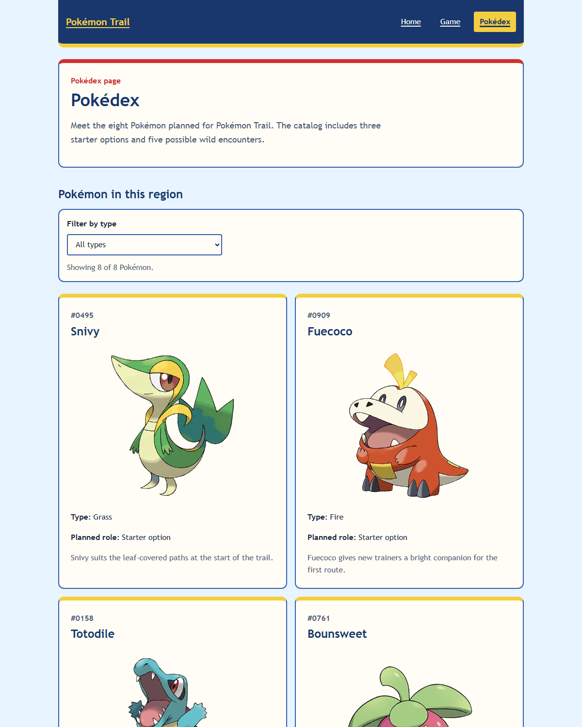 Initialized Pokémon Trail Pokédex filter with All types selected, a status showing eight of eight Pokémon, and the first catalog entries visible.