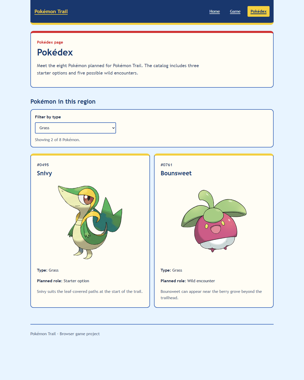 Pokémon Trail Pokédex after selecting Grass. Snivy and Bounsweet remain in source order, and the status shows two of eight Pokémon.