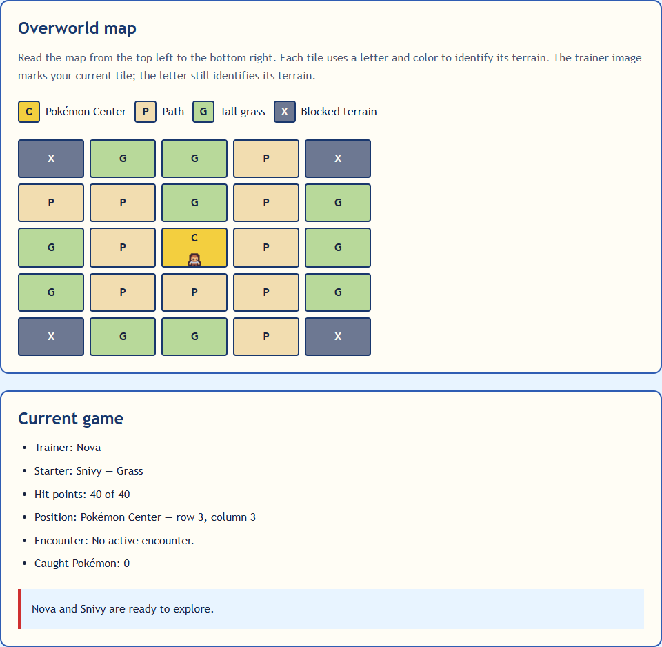 Sample game screenshot with one trainer sprite beside C on the Center tile. The Current game summary reports Pokémon Center at row 3, column 3.