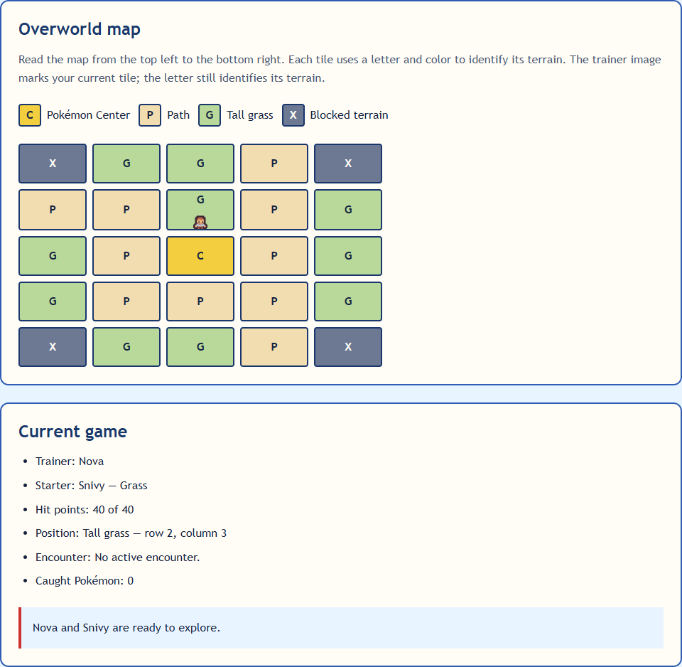 Sample game screenshot with the trainer sprite on a G tile at row 2, column 3. The Center keeps C, and the summary reports Tall grass at the trainer's position.
