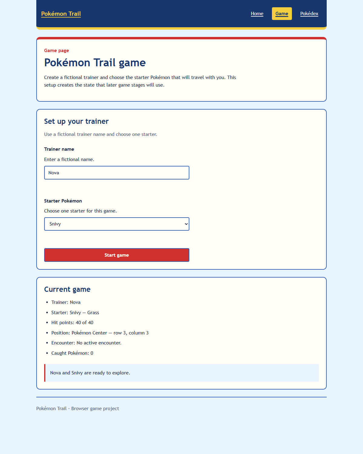 Completed trainer setup page after Nova chooses Snivy, with 40 of 40 hit points, the Pokémon Center position, no active encounter, no caught Pokémon, and a ready-to-explore status.