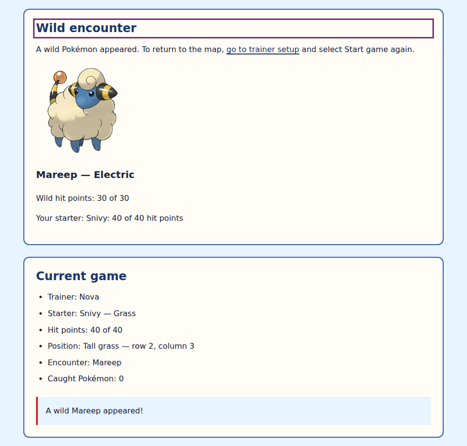 Sample encounter view showing wild Mareep at 30 of 30 hit points, Snivy at 40 of 40, the same Mareep in the current-game summary, and visible focus on the encounter heading.