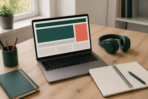 A laptop showing a green and coral page layout on a desk with a notebook and headphones.